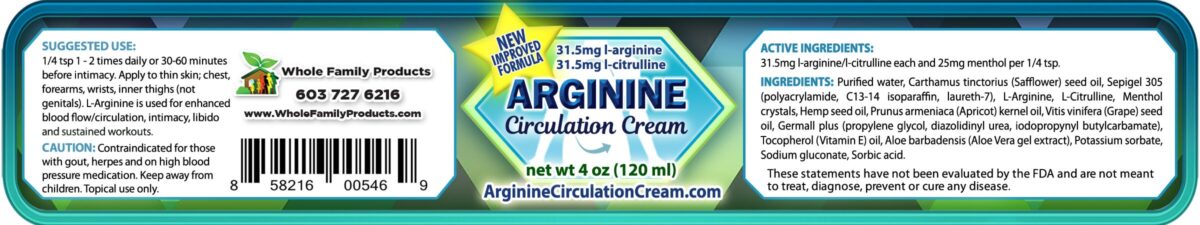 Arginine Circulation Cream Product Label 4oz Jar