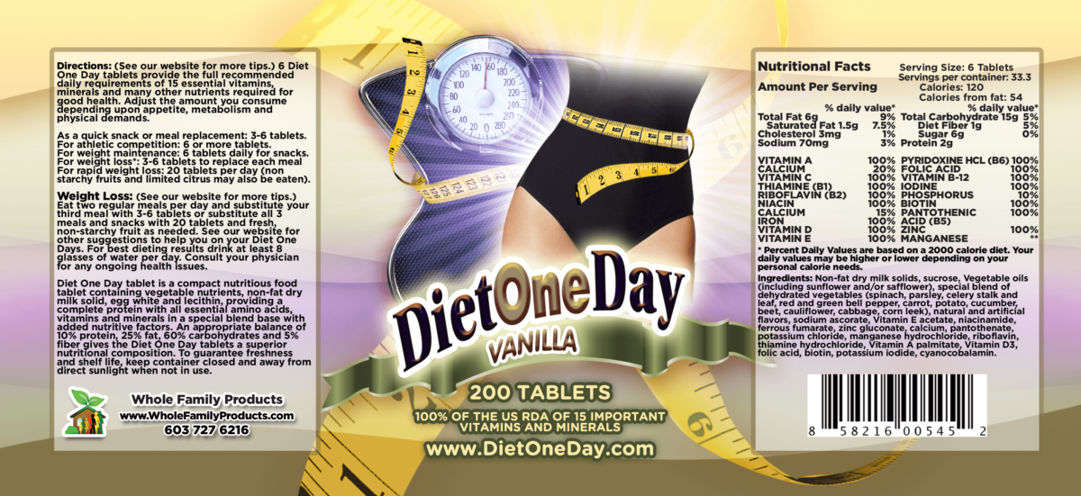 Diet One Day Wafers Vanilla 200ct Product Label