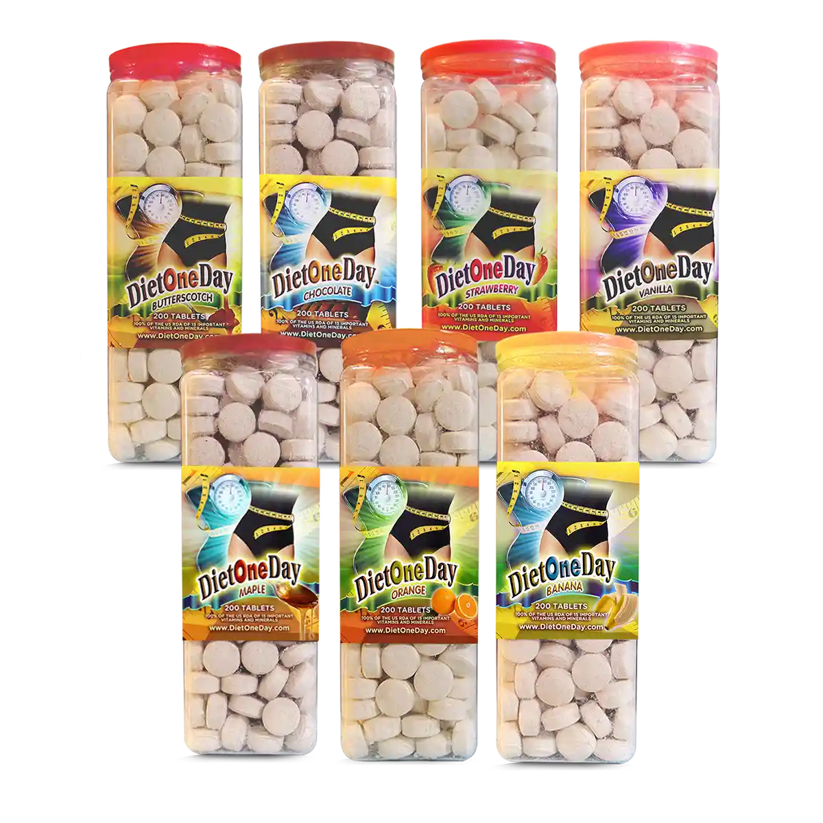 Diet One Day Wafers 1 Diet One Day Wafers in banana, butterscotch, chocolate, maple, orange, strawberry, and vanilla flavors.