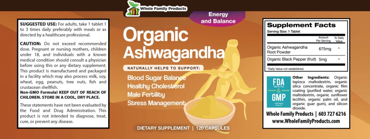 Organic Ashwagandha 120ct Product Label
