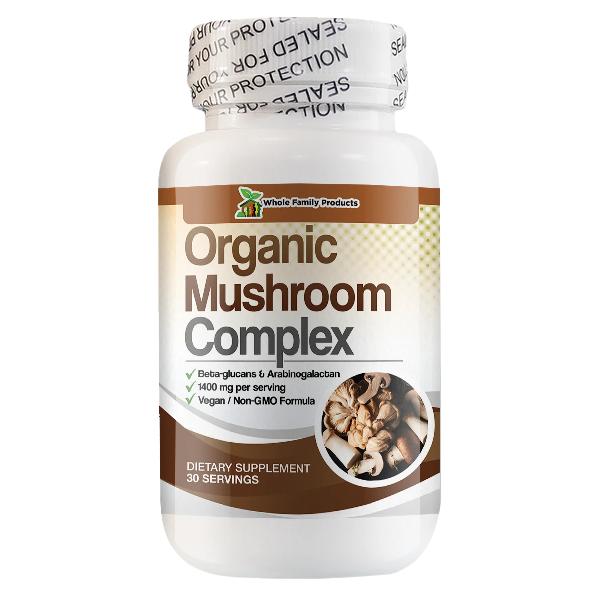 Organic Mushroom Complex - A Powerhouse of Mighty Mushrooms 1 Organic mushroom complex featuring seven organic mushroom extracts, beta glucans, and arabinogalactan to support cognitive function, immune function, and vitality.