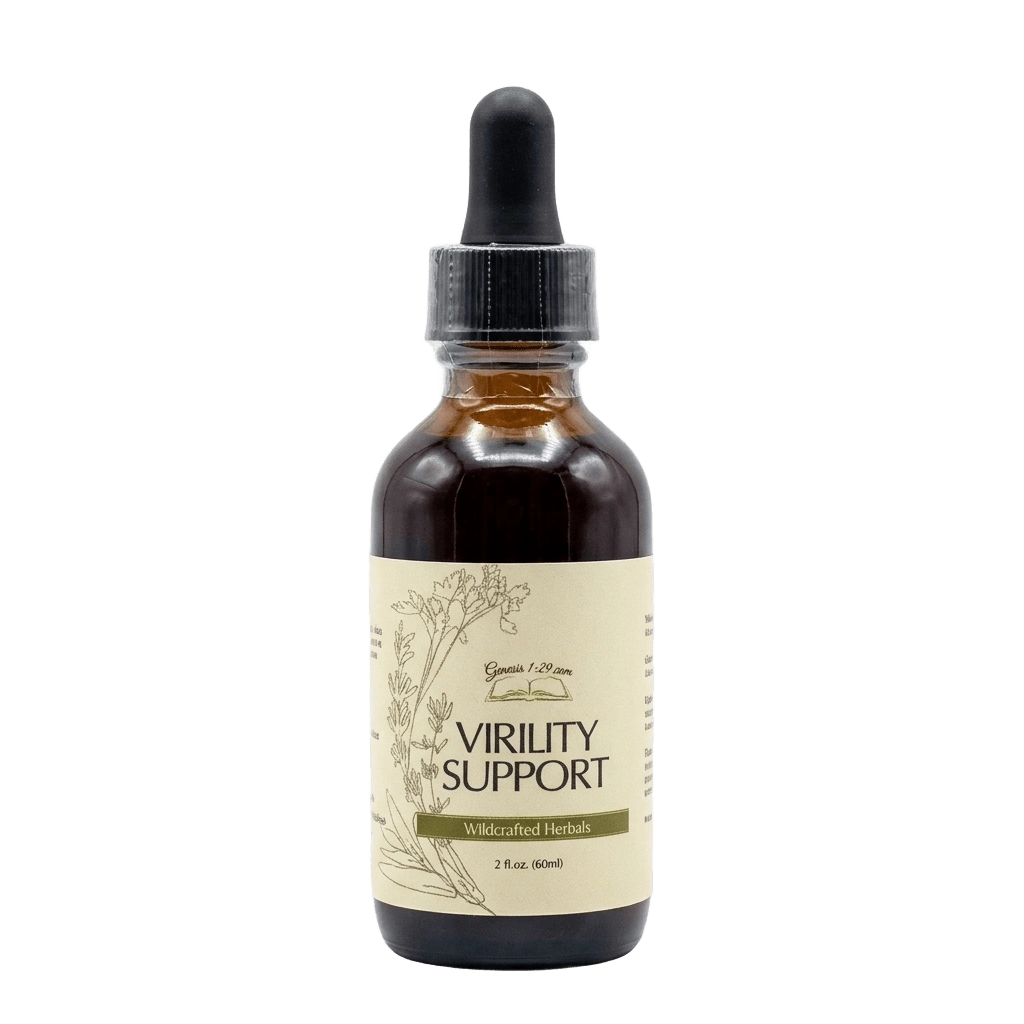 Virility Support 1 Amber glass dropper bottle of Wildcrafted Herbal Virility Support supplement (2 fl oz) with botanical label illustration.