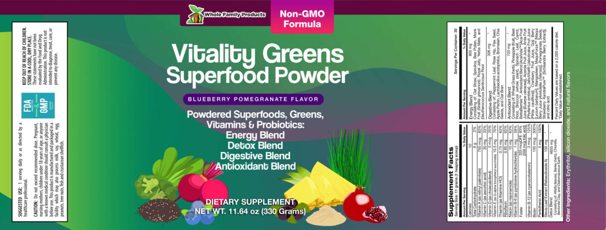 Vitality Greens Superfood Powder 330g Label