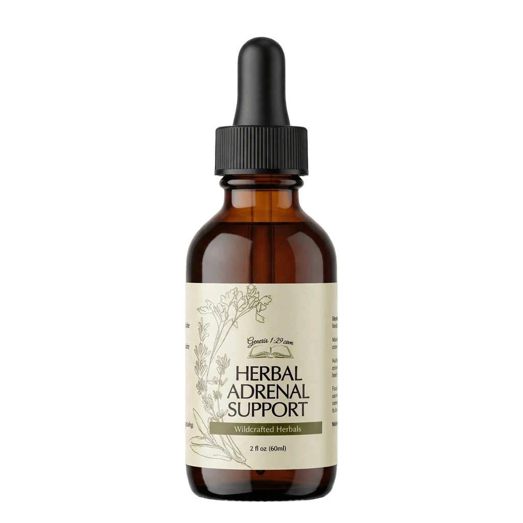 Herbal Adrenal Support 1 Amber glass dropper bottle of Wildcrafted Herbal Adrenal Support supplement (2 fl oz) with botanical label illustration.